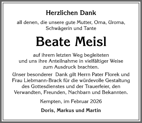 Traueranzeige von Beate Meisl von Allgäuer Zeitung,Kempten