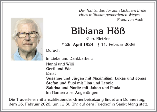 Traueranzeige von Bibiana Höß von Allgäuer Zeitung,Kempten