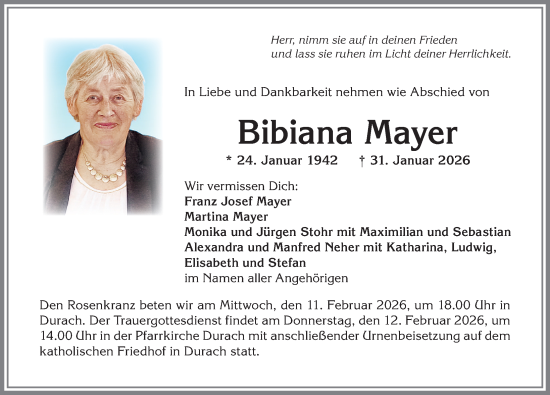 Traueranzeige von Bibiana Mayer von Allgäuer Zeitung,Kempten
