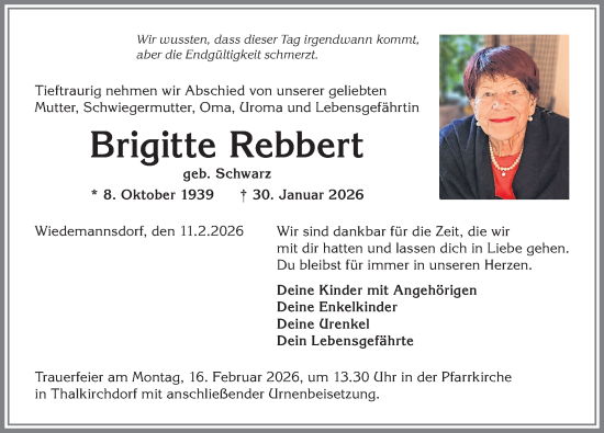 Traueranzeige von Brigitte Rebbert von Allgäuer Anzeigeblatt