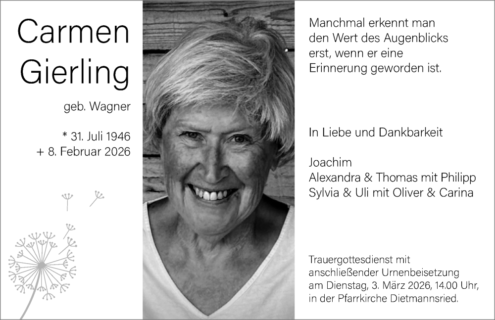 Traueranzeige für Carmen Gierling vom 28.02.2026 aus Allgäuer Zeitung,Kempten