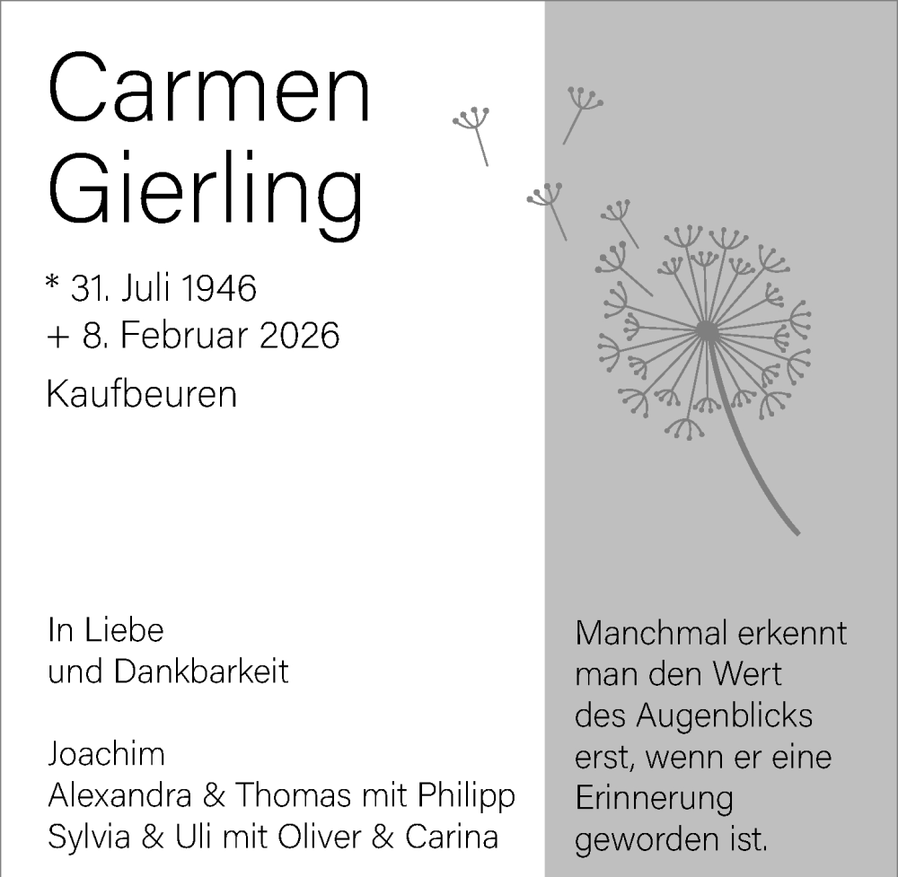  Traueranzeige für Carmen Gierling vom 28.02.2026 aus Allgäuer Zeitung, Kaufbeuren/Buchloe