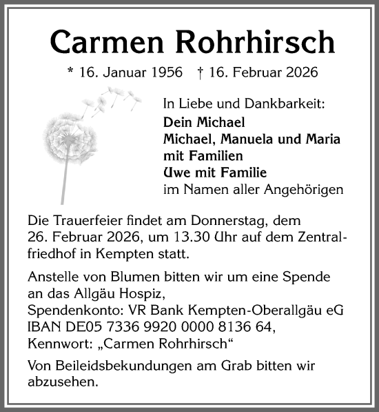Traueranzeige von Carmen Rohrhirsch von Allgäuer Zeitung,Kempten