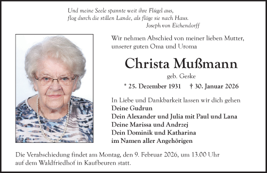 Traueranzeige von Christa Mußmann von Allgäuer Zeitung, Kaufbeuren/Buchloe