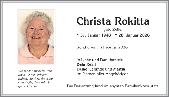 Traueranzeige von Christa Rokitta von Allgäuer Anzeigeblatt