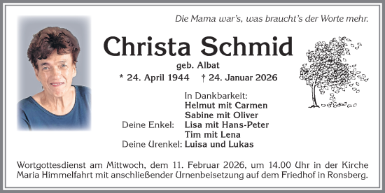 Traueranzeige von Christa Schmid von Allgäuer Zeitung, Marktoberdorf