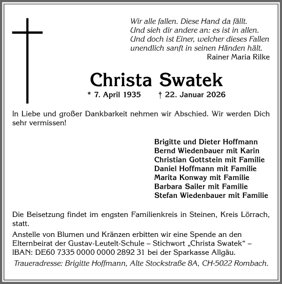 Traueranzeige von Christa Swatek von Rieser Nachrichten, Augsburger Allgemeine
