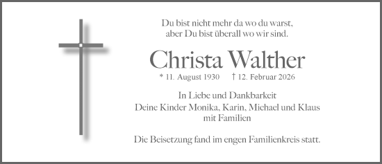 Traueranzeige von Christa Walther von Der Westallgäuer