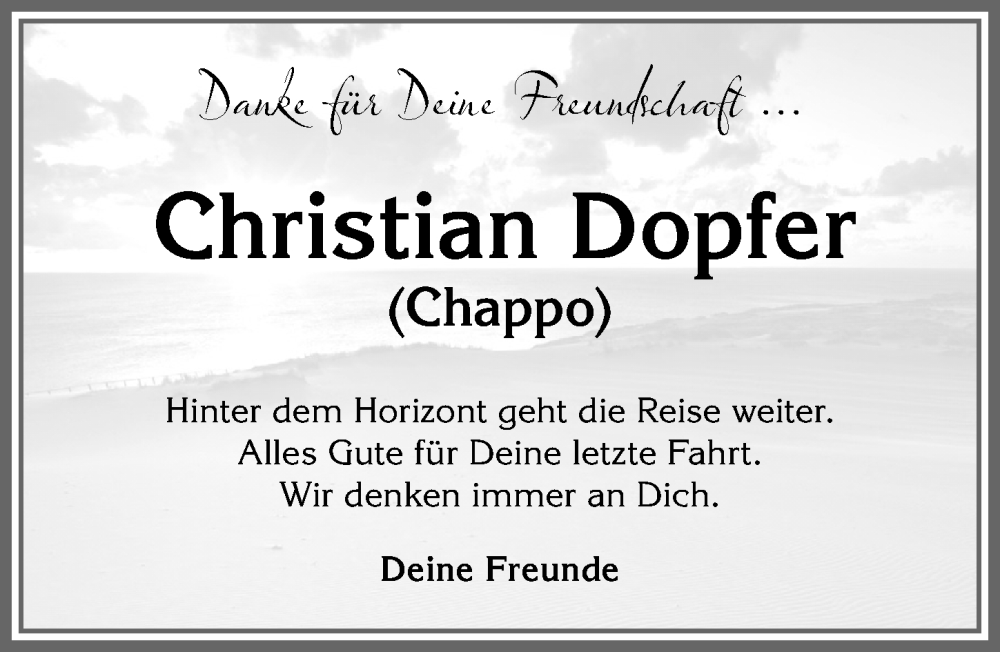  Traueranzeige für Christian Dopfer vom 21.02.2026 aus Allgäuer Zeitung, Marktoberdorf