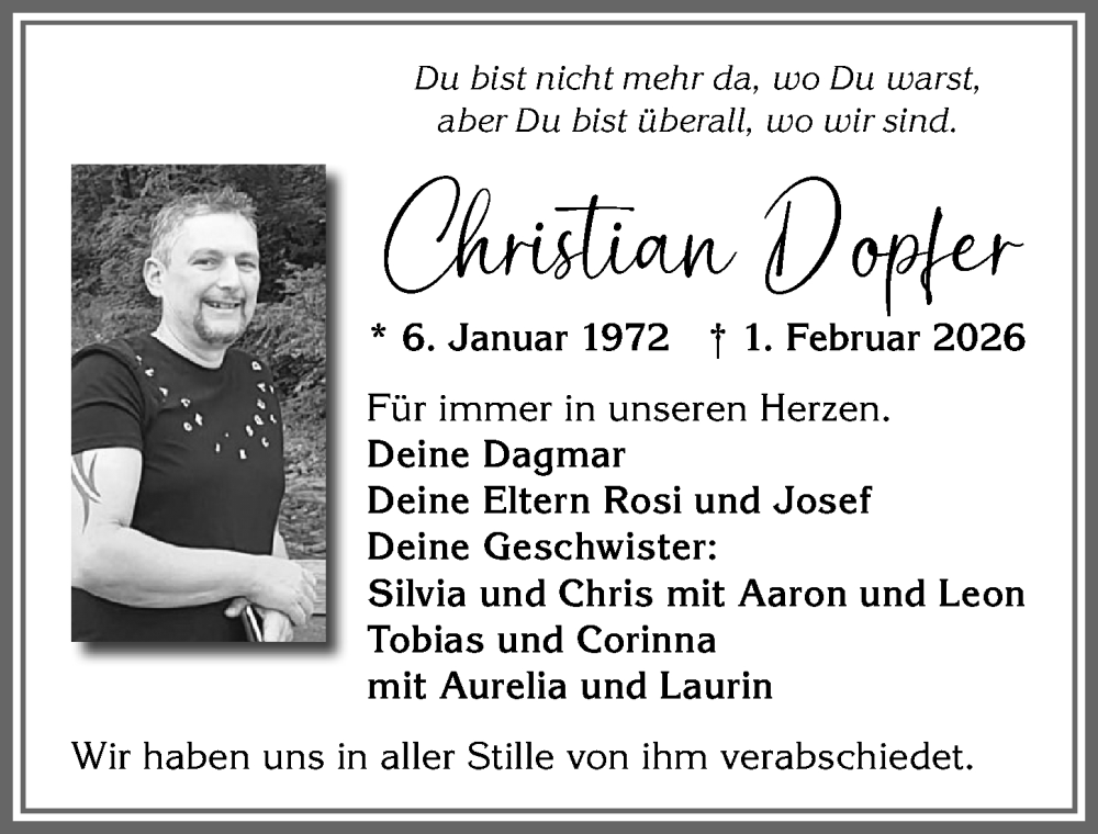  Traueranzeige für Christian Dopfer vom 21.02.2026 aus Allgäuer Zeitung, Marktoberdorf