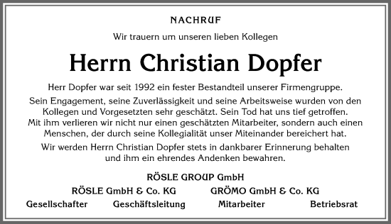Traueranzeige von Christian Dopfer von Allgäuer Zeitung, Marktoberdorf