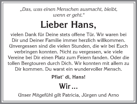 Traueranzeige von Hans Stöckle von Allgäuer Anzeigenblatt 