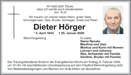 Traueranzeige von Dieter Hörger von Memminger Zeitung