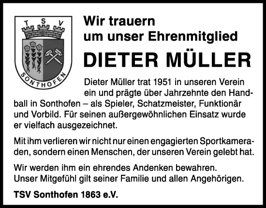 Traueranzeige von Dieter Müller von Allgäuer Anzeigeblatt