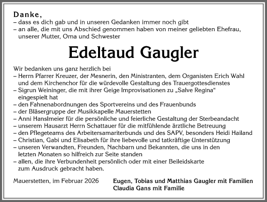 Traueranzeige von Edeltaud Gaugler von Allgäuer Zeitung, Kaufbeuren/Buchloe