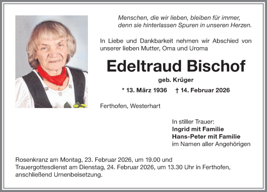 Traueranzeige von Edeltraud Bischof von Memminger Zeitung