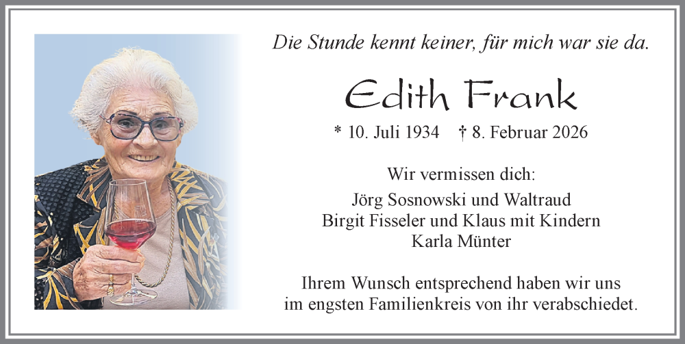  Traueranzeige für Edith Frank vom 14.02.2026 aus Allgäuer Zeitung, Füssen