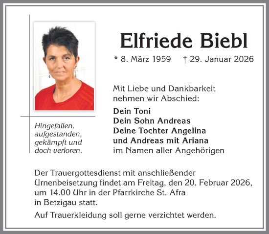 Traueranzeige von Elfriede Biebl von Allgäuer Zeitung,Kempten