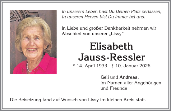 Traueranzeige von Elisabeth Jauss-Ressler von Allgäuer Anzeigeblatt