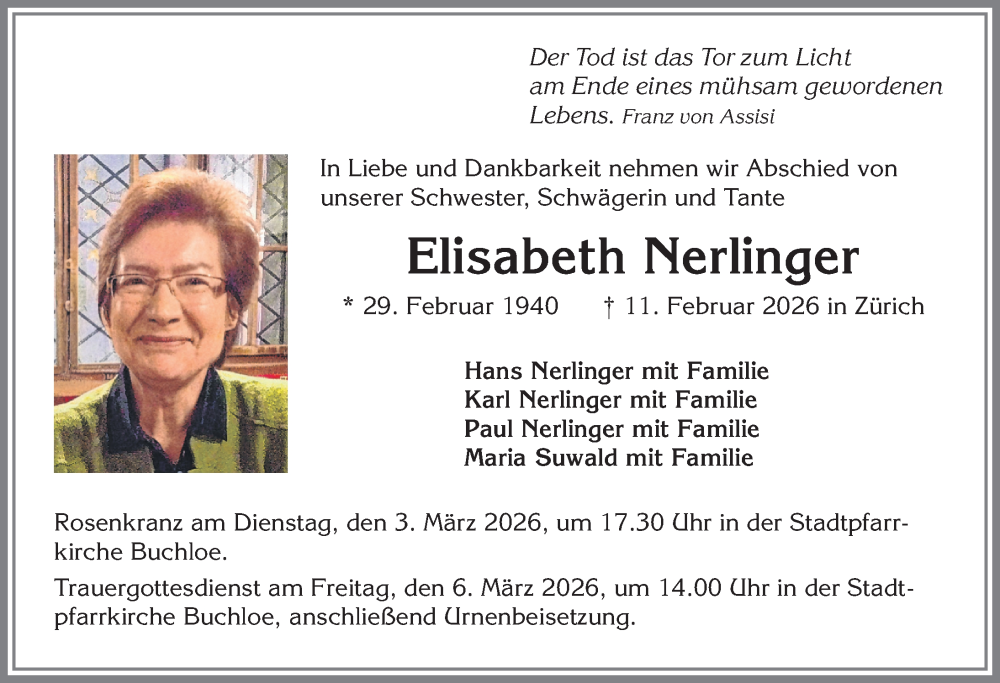  Traueranzeige für Elisabeth Nerlinger vom 28.02.2026 aus Allgäuer Zeitung, Kaufbeuren/Buchloe