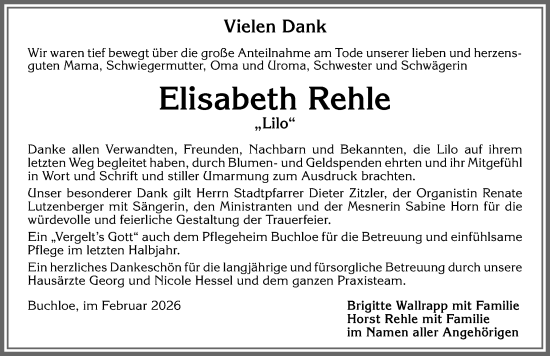 Traueranzeige von Elisabeth Rehle von Allgäuer Zeitung, Kaufbeuren/Buchloe