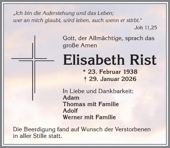Traueranzeige von Elisabeth Rist von Allgäuer Zeitung,Kempten