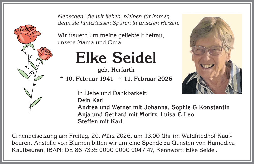  Traueranzeige für Elke Seidel vom 21.02.2026 aus Allgäuer Zeitung, Kaufbeuren/Buchloe