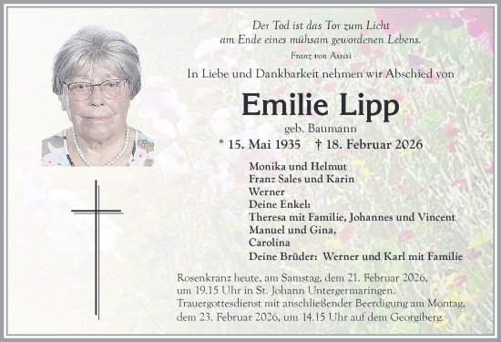 Traueranzeige von Emilie Lipp von Allgäuer Zeitung, Kaufbeuren/Buchloe