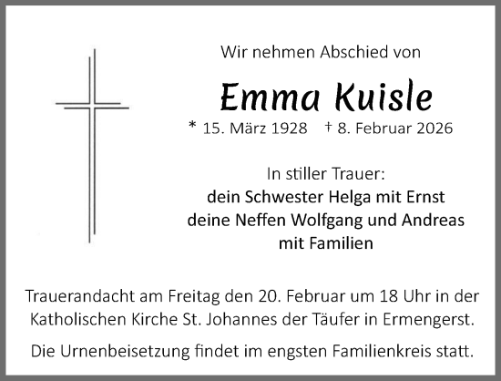 Traueranzeige von Emma Kuisle von Allgäuer Zeitung,Kempten