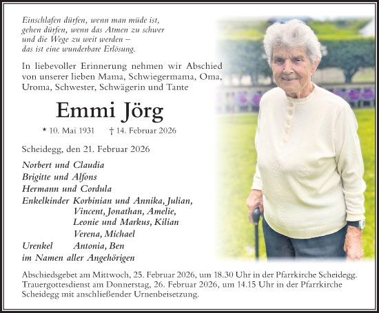 Traueranzeige von Emmi Jörg von Der Westallgäuer