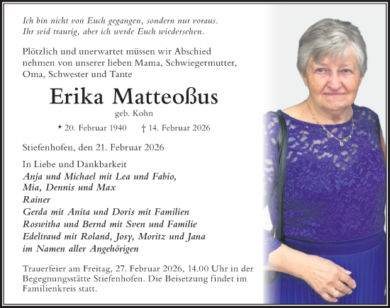 Traueranzeige von Erika Matteoßus von Der Westallgäuer