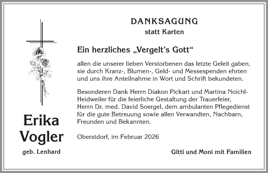 Traueranzeige von Erika Vogler von Allgäuer Anzeigeblatt