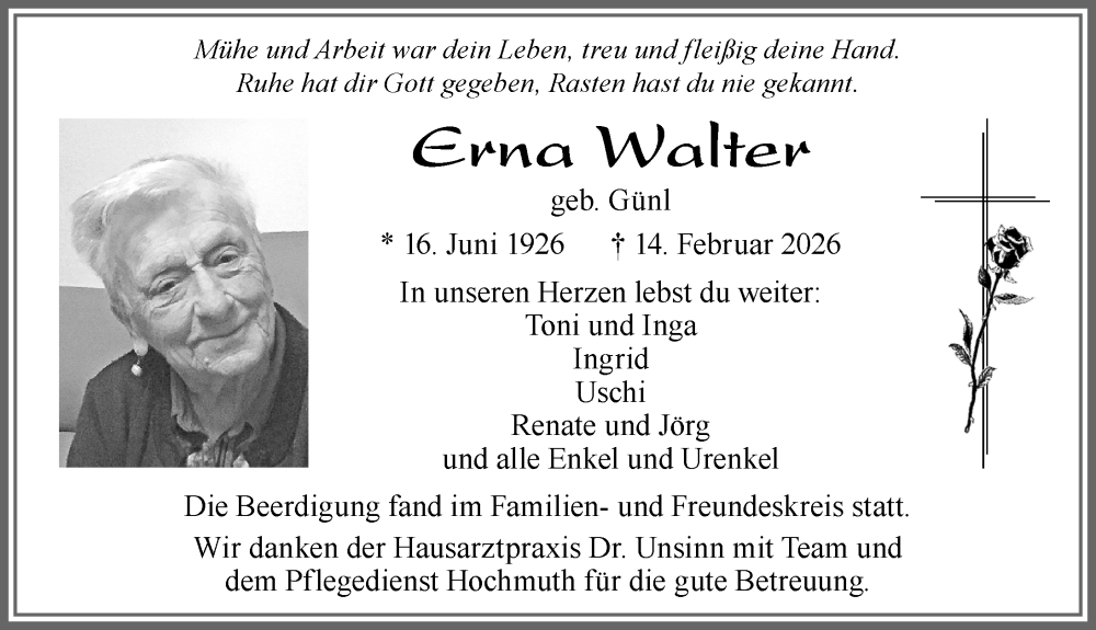  Traueranzeige für Erna Walter vom 24.02.2026 aus Allgäuer Zeitung, Marktoberdorf
