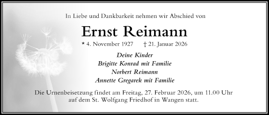 Traueranzeige von Ernst Reimann von Der Westallgäuer