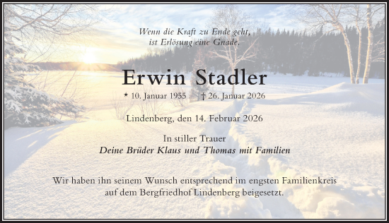Traueranzeige von Erwin Stadler von Der Westallgäuer