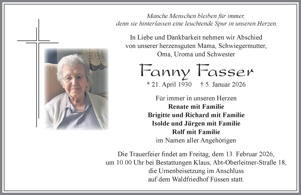  Traueranzeige für Fanny Fasser vom 07.02.2026 aus Allgäuer Zeitung, Füssen