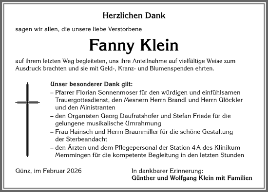 Traueranzeige von Fanny Klein von Memminger Zeitung