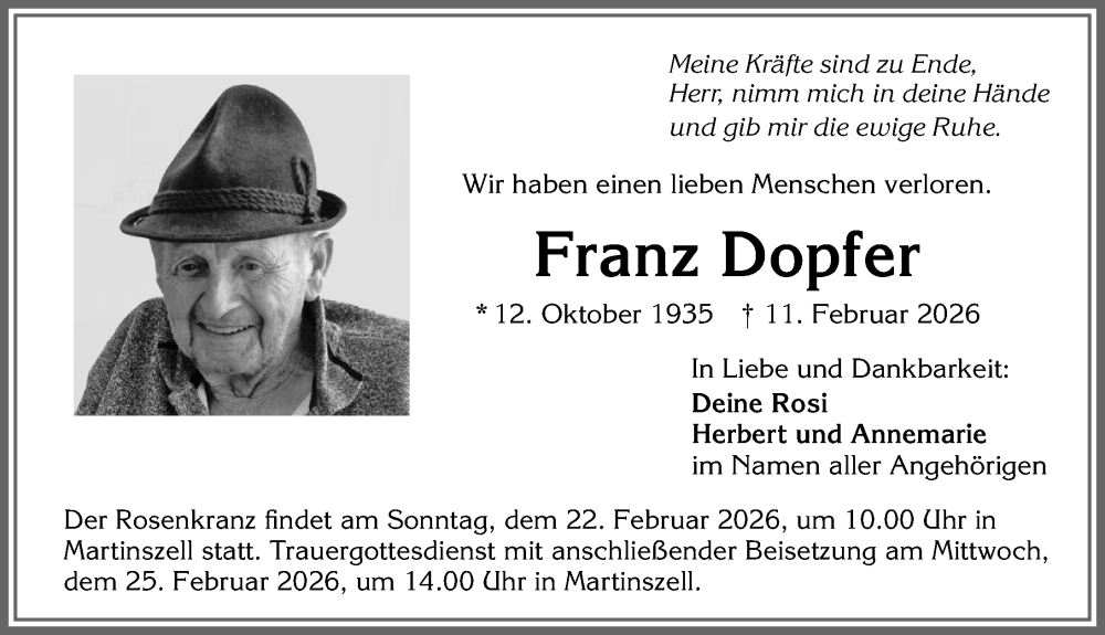  Traueranzeige für Franz Dopfer vom 21.02.2026 aus Allgäuer Zeitung,Kempten