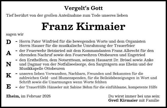 Traueranzeige von Franz Kirmaier von Memminger Zeitung