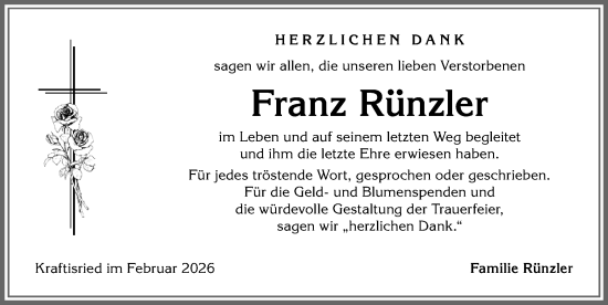 Traueranzeige von Franz Rünzler von Allgäuer Zeitung, Marktoberdorf