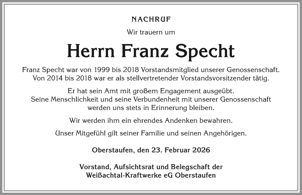  Traueranzeige für Franz Specht vom 24.02.2026 aus Allgäuer Anzeigeblatt