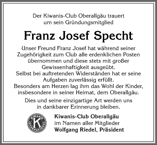 Traueranzeige von Franz Josef Specht von Allgäuer Anzeigeblatt
