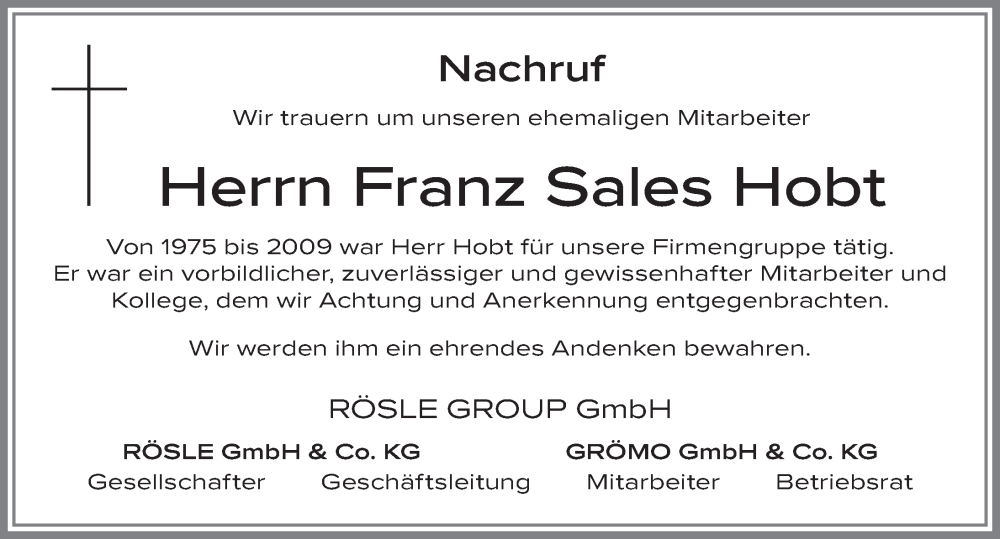  Traueranzeige für Franz Sales Hobt vom 25.02.2026 aus Allgäuer Zeitung, Marktoberdorf