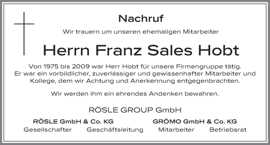 Traueranzeige von Franz Sales Hobt von Allgäuer Zeitung, Marktoberdorf