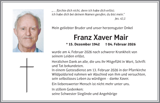 Traueranzeige von Franz Xaver Mair von Allgäuer Zeitung,Kempten