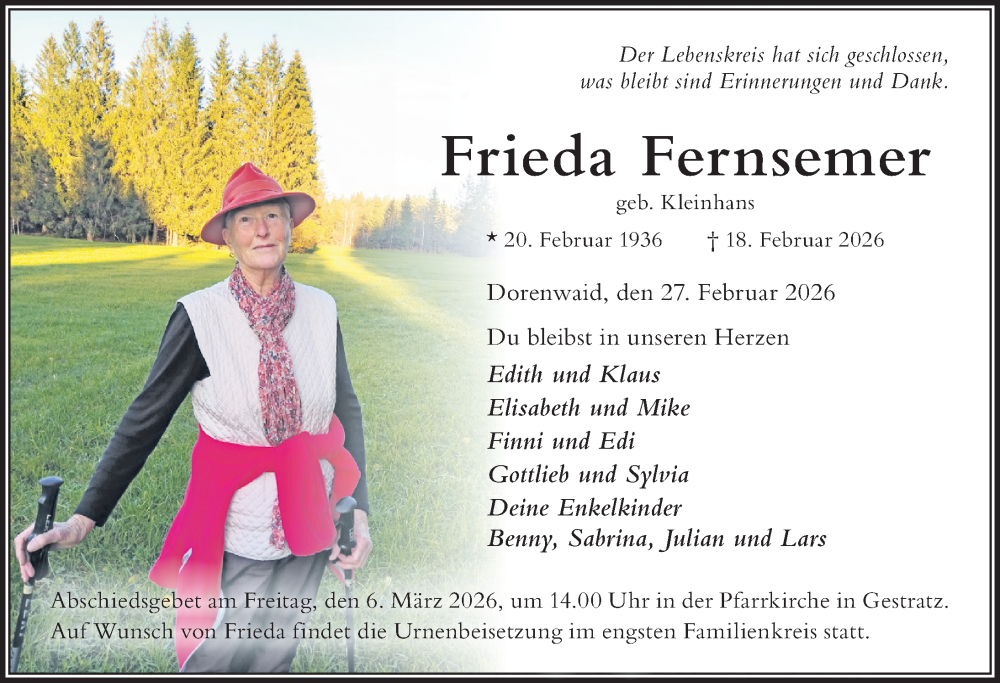  Traueranzeige für Frieda Fernsemer vom 27.02.2026 aus Der Westallgäuer