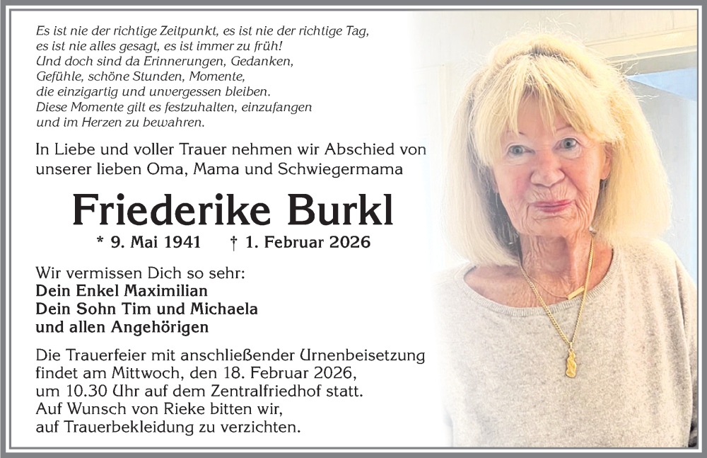  Traueranzeige für Friederike Burkl vom 14.02.2026 aus Allgäuer Zeitung,Kempten