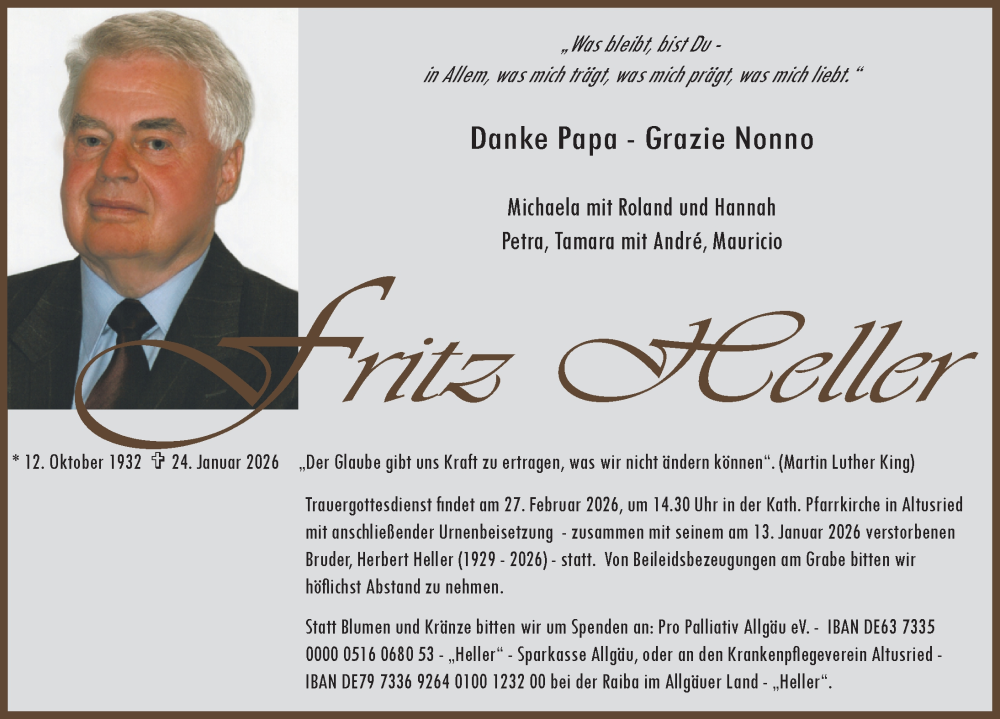  Traueranzeige für Fritz Heller vom 21.02.2026 aus Allgäuer Zeitung,Kempten