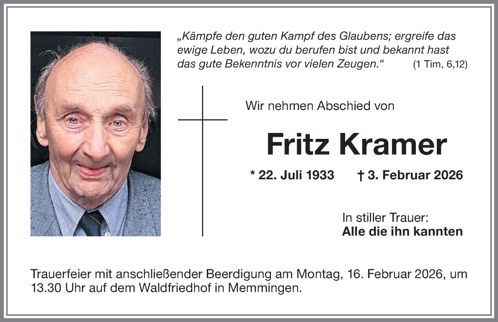  Traueranzeige für Fritz Kramer vom 13.02.2026 aus Memminger Zeitung