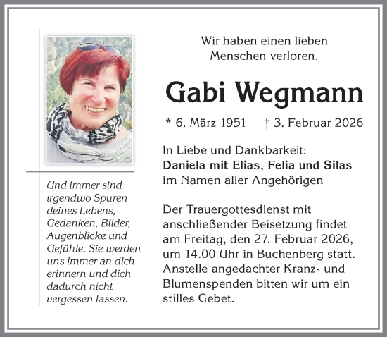Traueranzeige von Gabi Wegmann von Allgäuer Zeitung,Kempten
